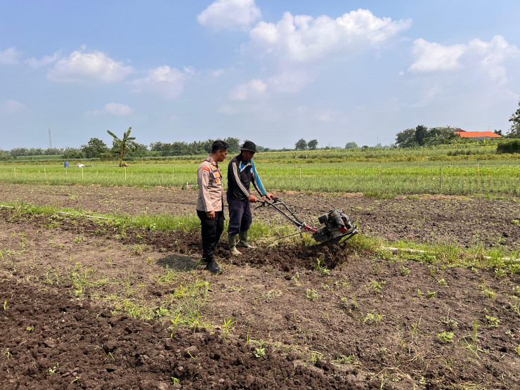 Kanit Binmas Polsek Krembung Dampingi Petani Garap Lahan Ketahanan Pangan